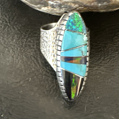 Men Navajo Multi-Color Opal Turquoise Inlay Sterling Silver Ring Size 6 18756