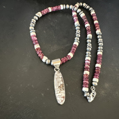 Purple Spiny Oyster Wild Horse Pendant Navajo Sterling Silver Necklace 17795