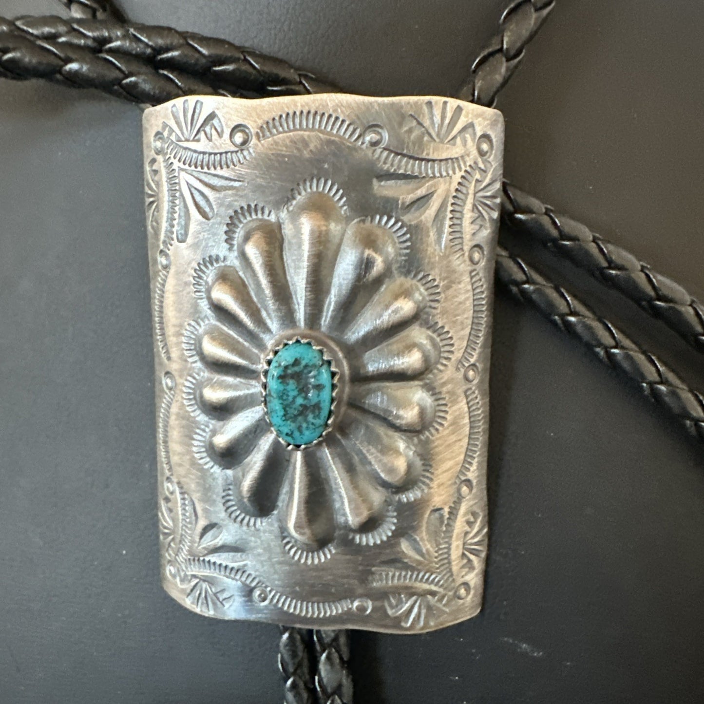 Mens Stamped Bolo Tie Blue Kingman Turquoise Navajo Sterling Silver 2” 19301