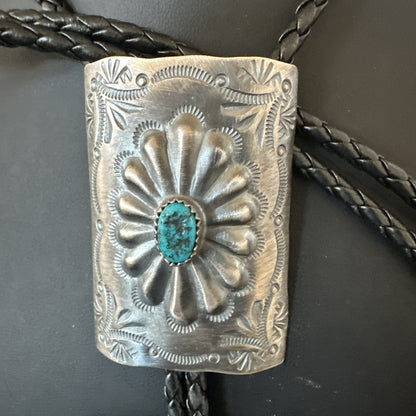 Mens Stamped Bolo Tie Blue Kingman Turquoise Navajo Sterling Silver 2” 19301