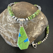 Green Gaspeite Turquoise Pendant Navajo Pearls Necklace | Sterling Silver | Authentic Native American Handmade | 18179