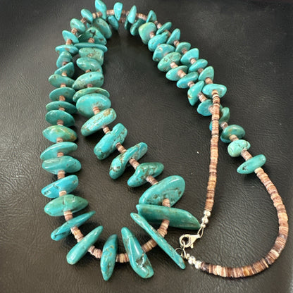 XL Navajo Kingman Turquoise Shell Heishi Sterling Silver Bead 35” Necklace 19634