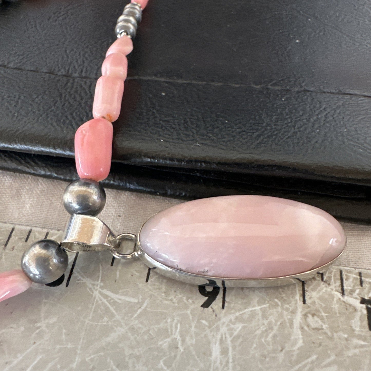 Southwestern Sterling Silver Pink Coral Bead Necklace Quartz Pendant 24" 19585