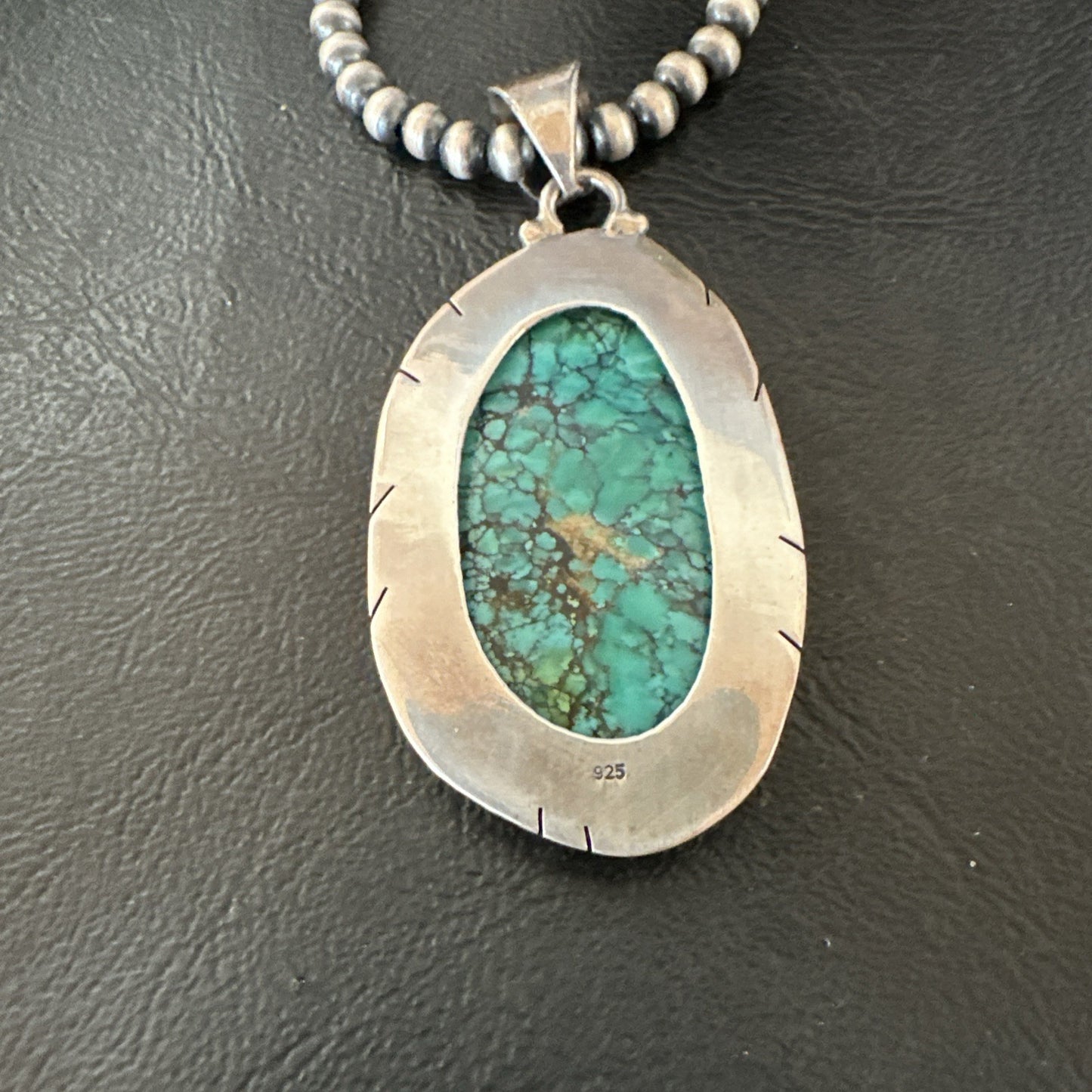 Blue  Green Spiderweb Turquoise Pendant  Sterling Silver Beads Necklace 19494