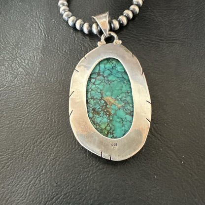 Blue  Green Spiderweb Turquoise Pendant  Sterling Silver Beads Necklace 19494