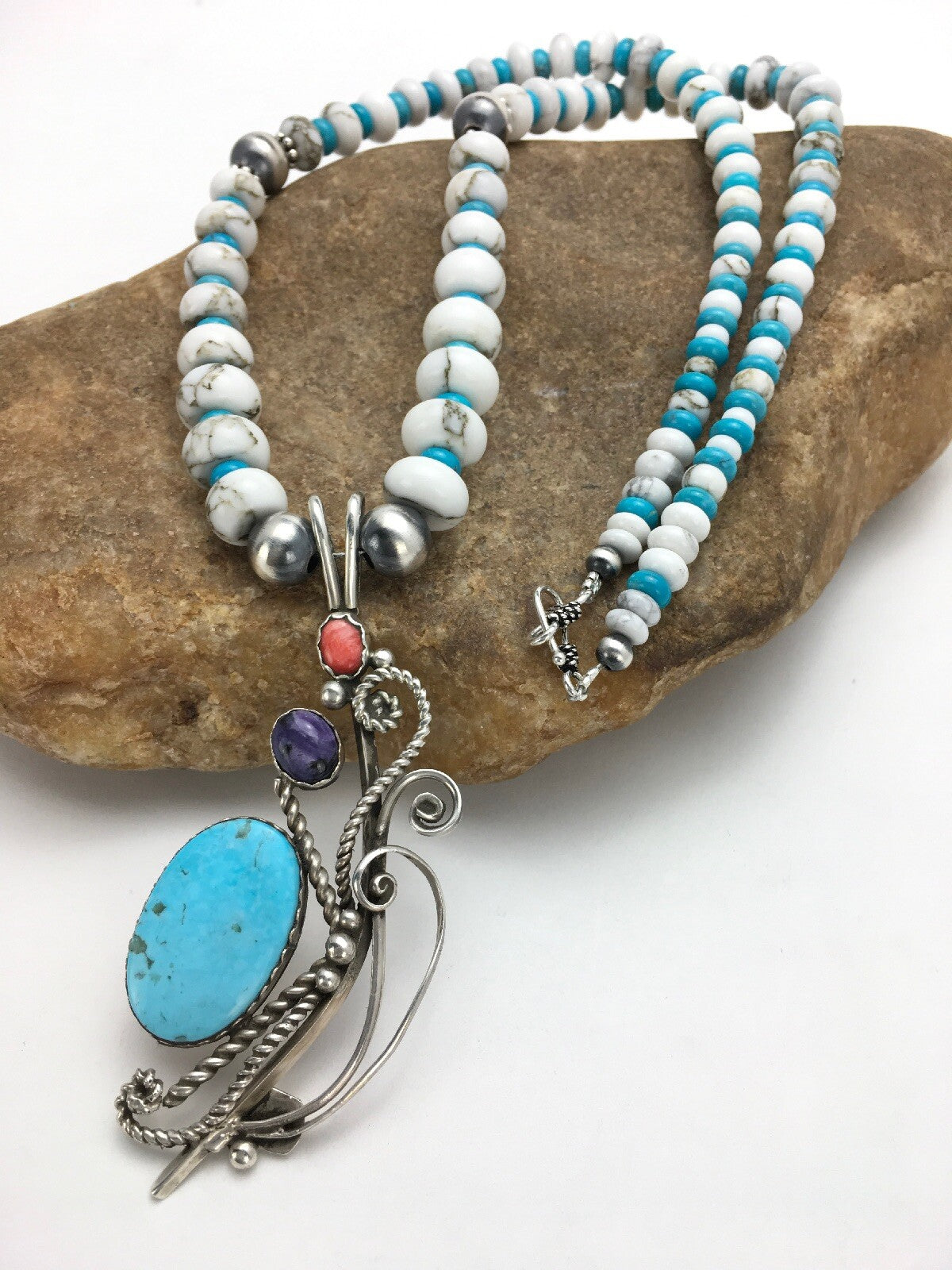 Kingman Turquoise Pendant Navajo Sterling Silver Necklace 03043