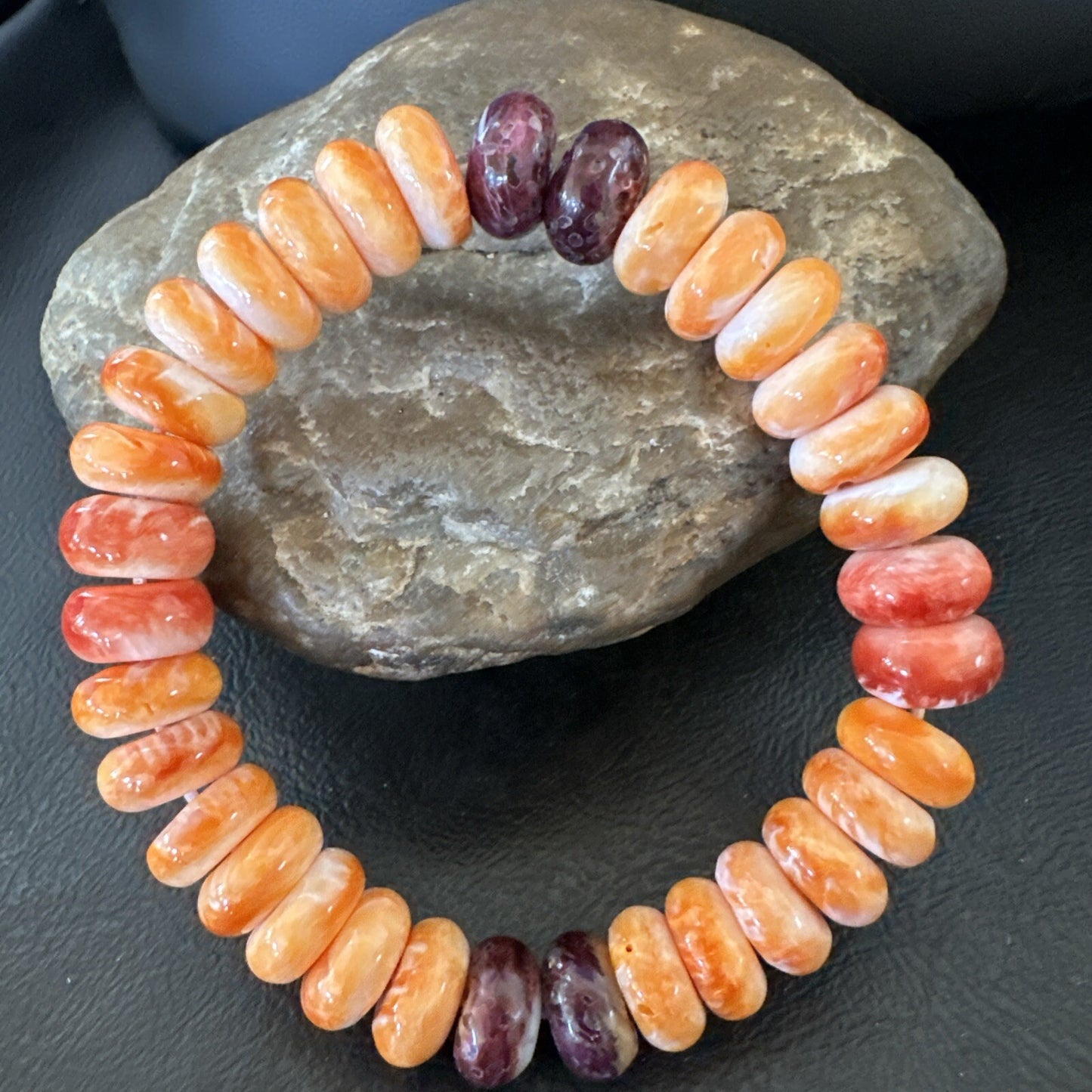 Mens Womens Orange Purple Spiny Oyster Sterling Silver Stretch Bracelet 9" 18859