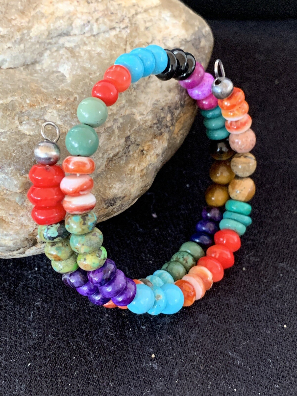 Turquoise, Coral, Tigers Eye, Onyx Navajo Stainless Memory Wire Bracelet 515