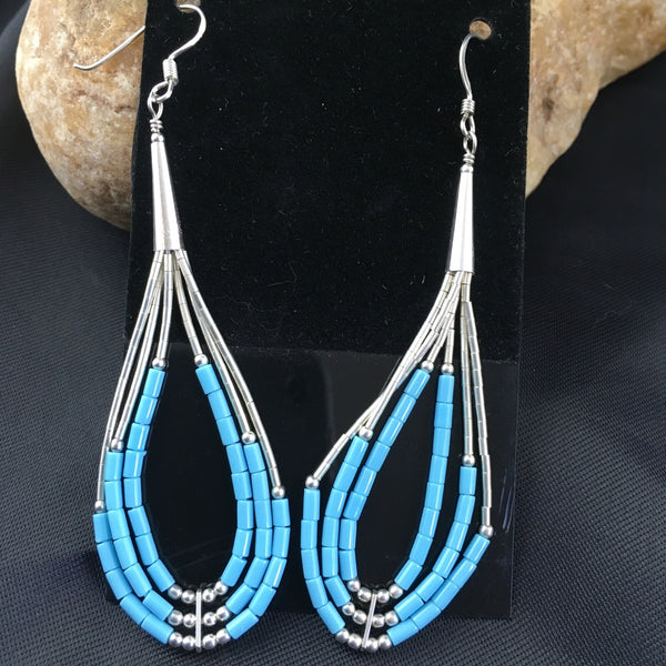 Turquoise Heishi Tube Liquid Dangle Earrings 2" | Sterling Silver | Authentic Native American Handmade | 08875