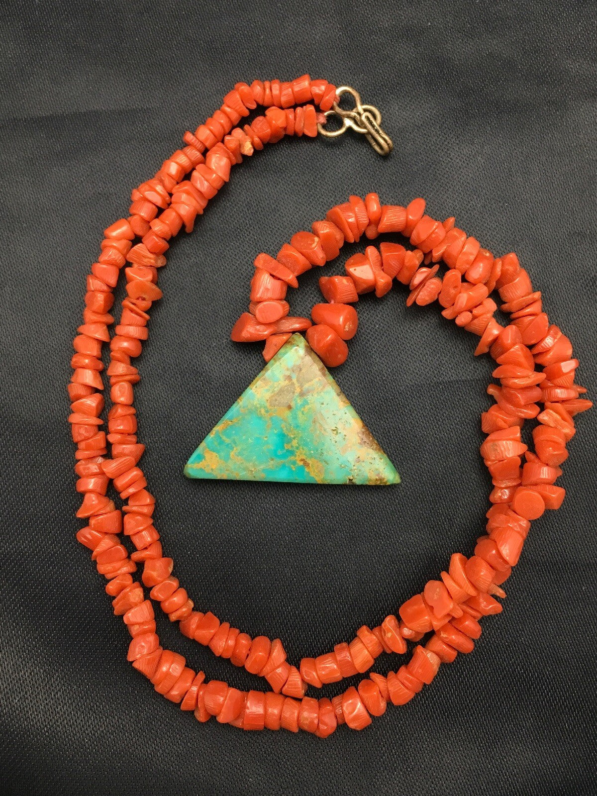 Native Kingman Turquoise Pendant Coral Brass Old Pawn Necklace 19" 04030