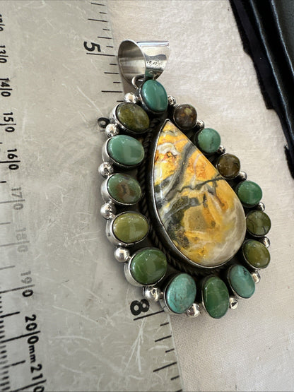 Navajo Bumblebee Jasper Green Turquoise Sterling Silver Necklace Pendant 19441