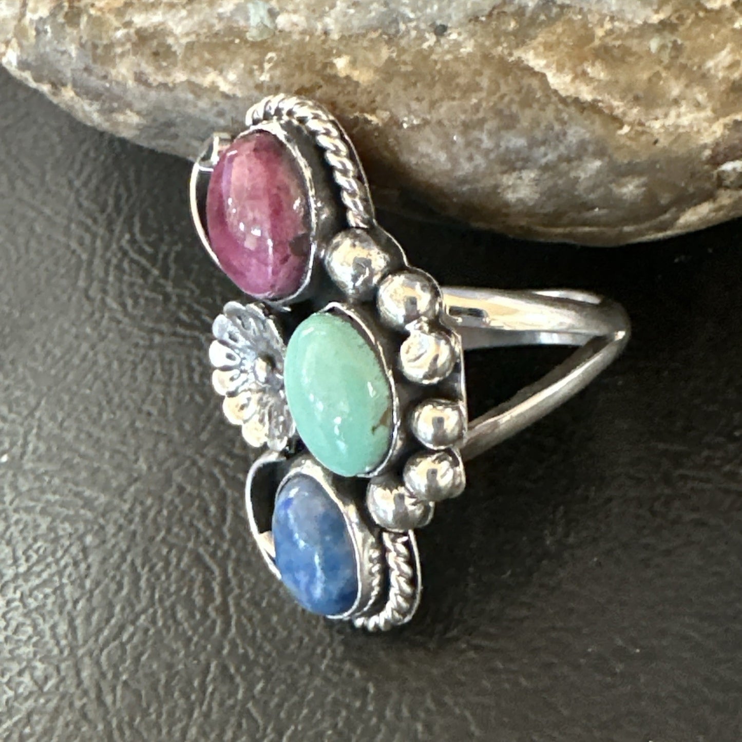 Multicolor Ring Turquoise Spiny Navajo Sterling Silver Cluster Size 8.5 19168