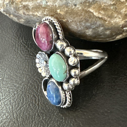 Multicolor Ring Turquoise Spiny Navajo Sterling Silver Cluster Size 8.5 19168