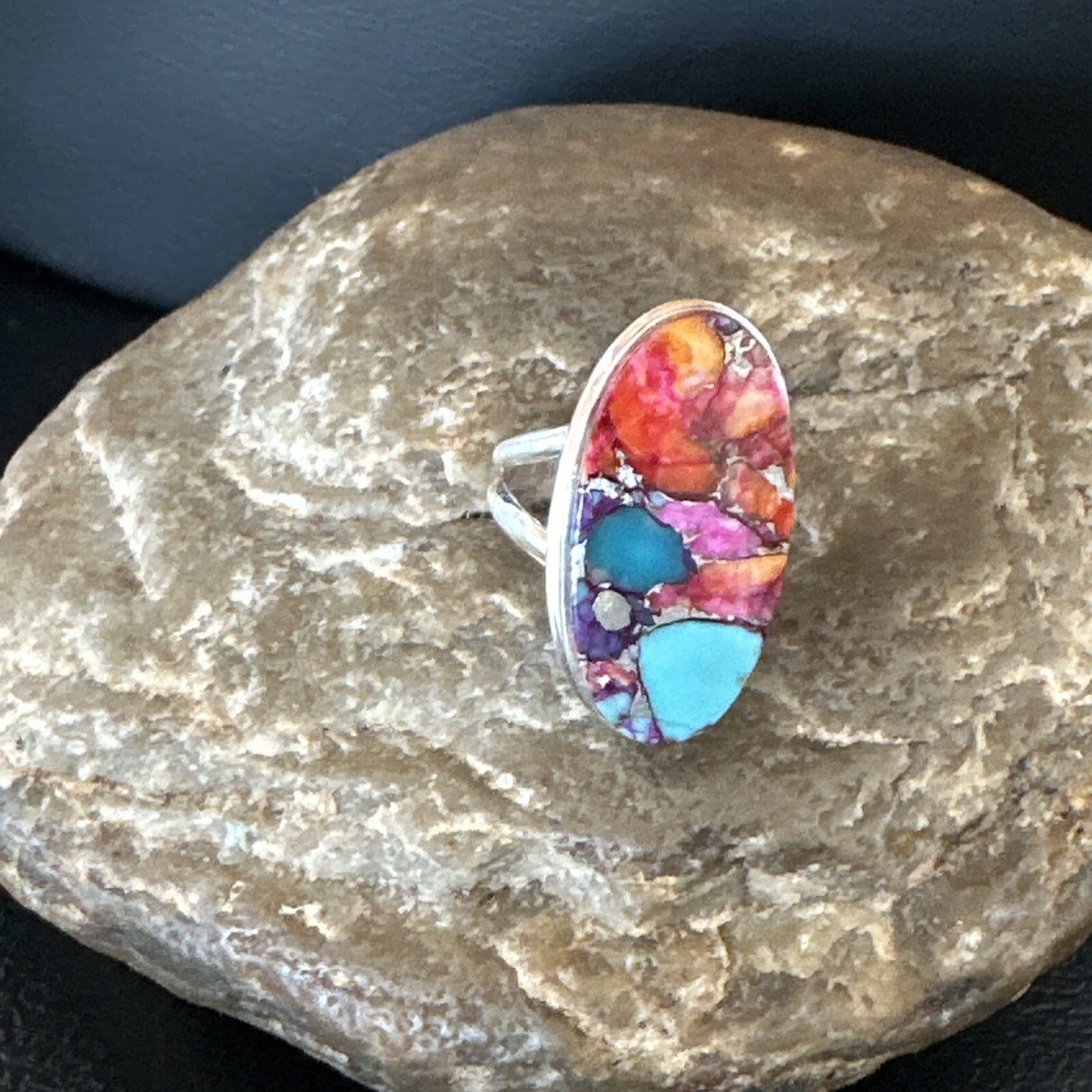 Blue Turquoise Spiny Oyster Navajo Sterling Silver Ring Size 7 18215