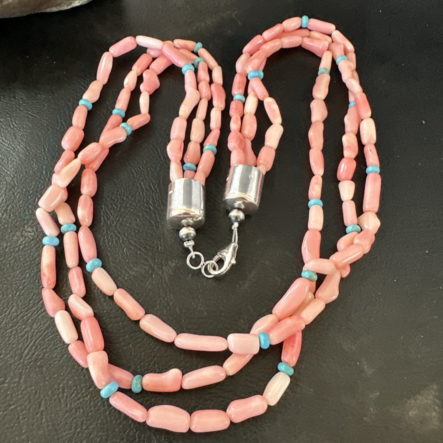 Native American Turquoise Pink Coral Sterling Silver 3 Strand Necklace 21" 17815