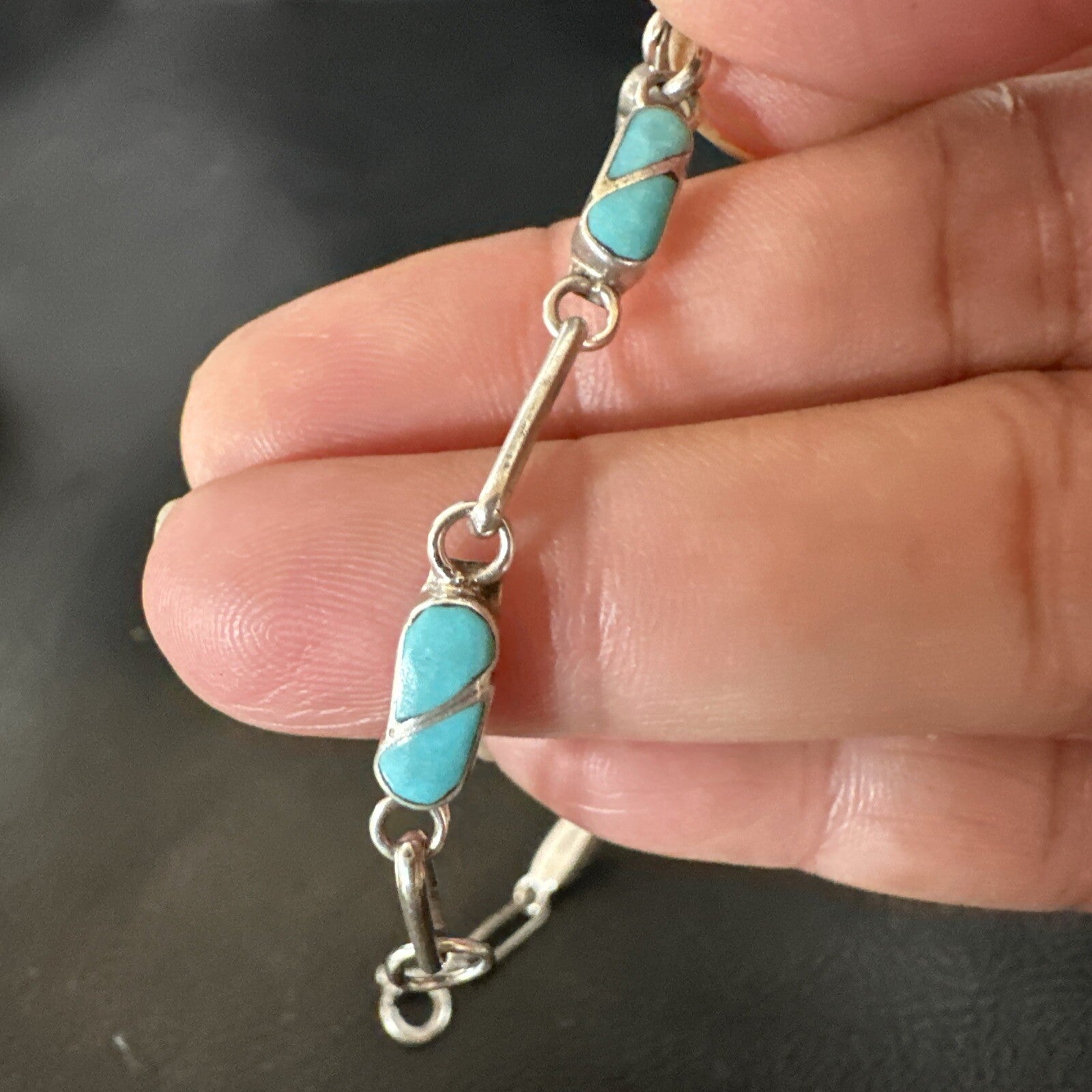 Blue Turquoise Navajo Old Pawn Sterling Silver Inlay Bracelet 7.5” 18152