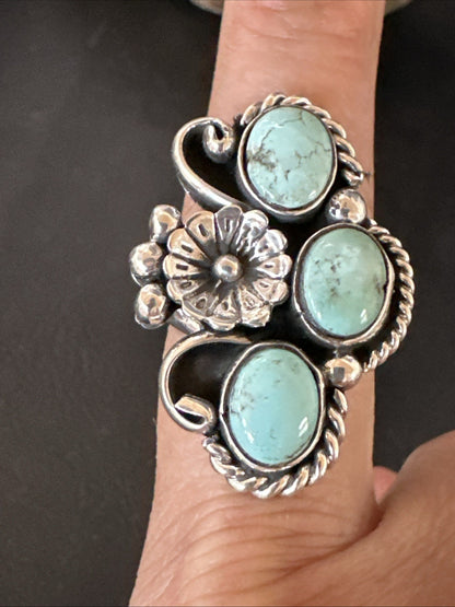 Yazzie Ring Blue Turquoise Navajo Sterling Silver Cluster Size 8.5 19226