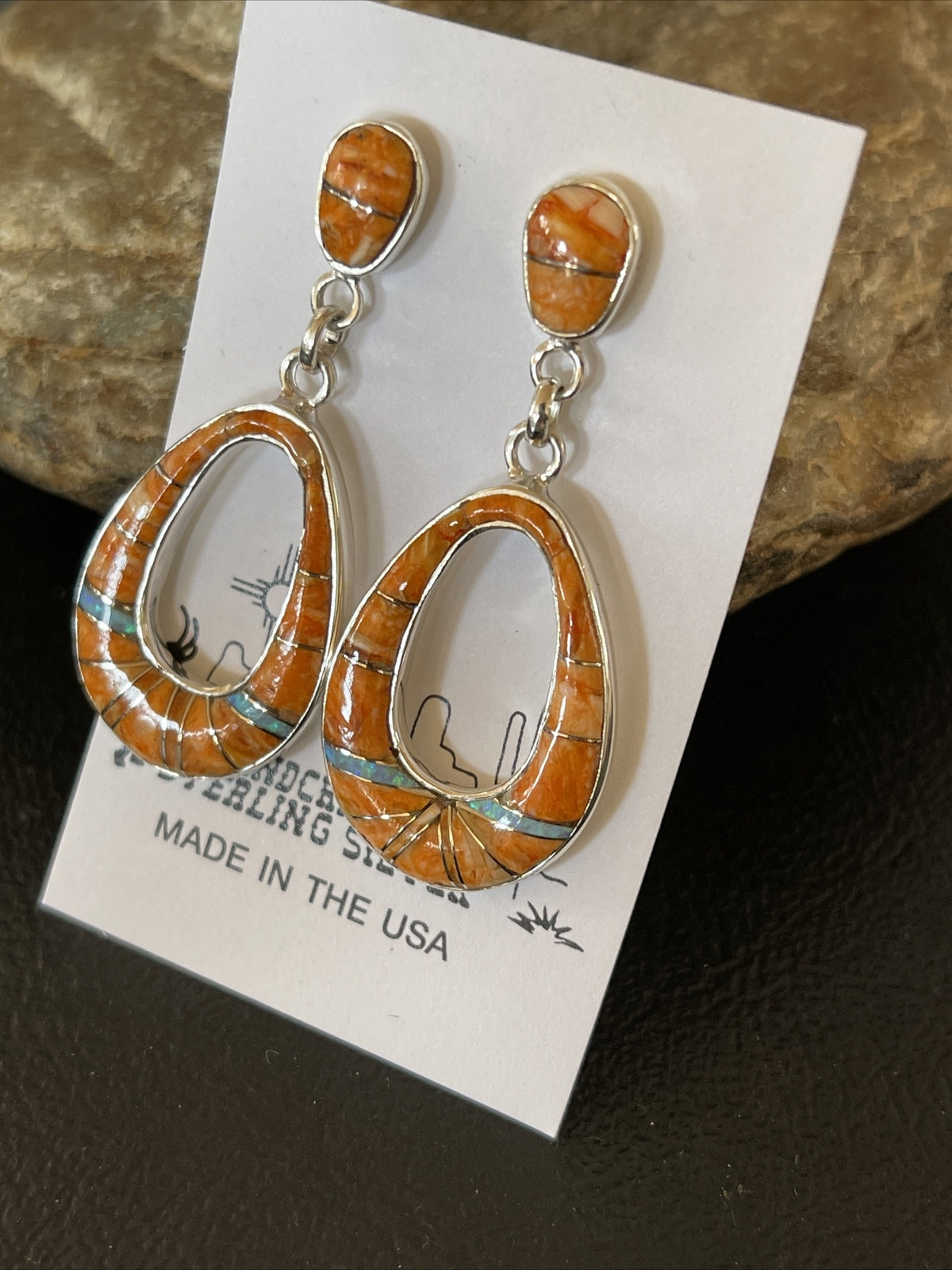 Womens Opal & Spiny Oyster Inlay Navajo Sterling Silver Dangle Earrings 19139