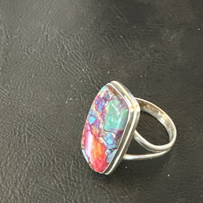 Blue Turquoise Spiny Oyster Southwestern Sterling Silver Ring Size 11 19058