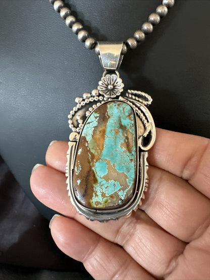 Mens Women Navajo Sterling Silver Green Royston Turquoise Necklace Pendant 18158