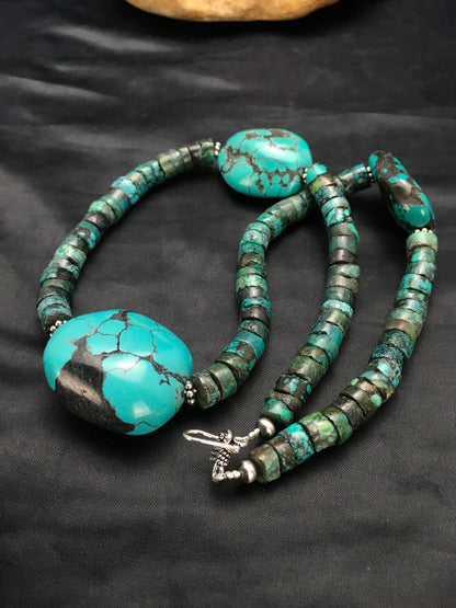 Turquoise Heishi Chunky Navajo Sterling Silver Necklace 20" 02959