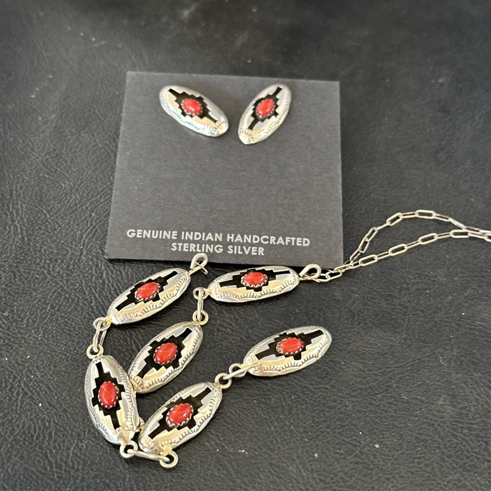 Old Native Navajo Red Coral Sterling Silver Shadowbox Necklace Earrings 18”19102