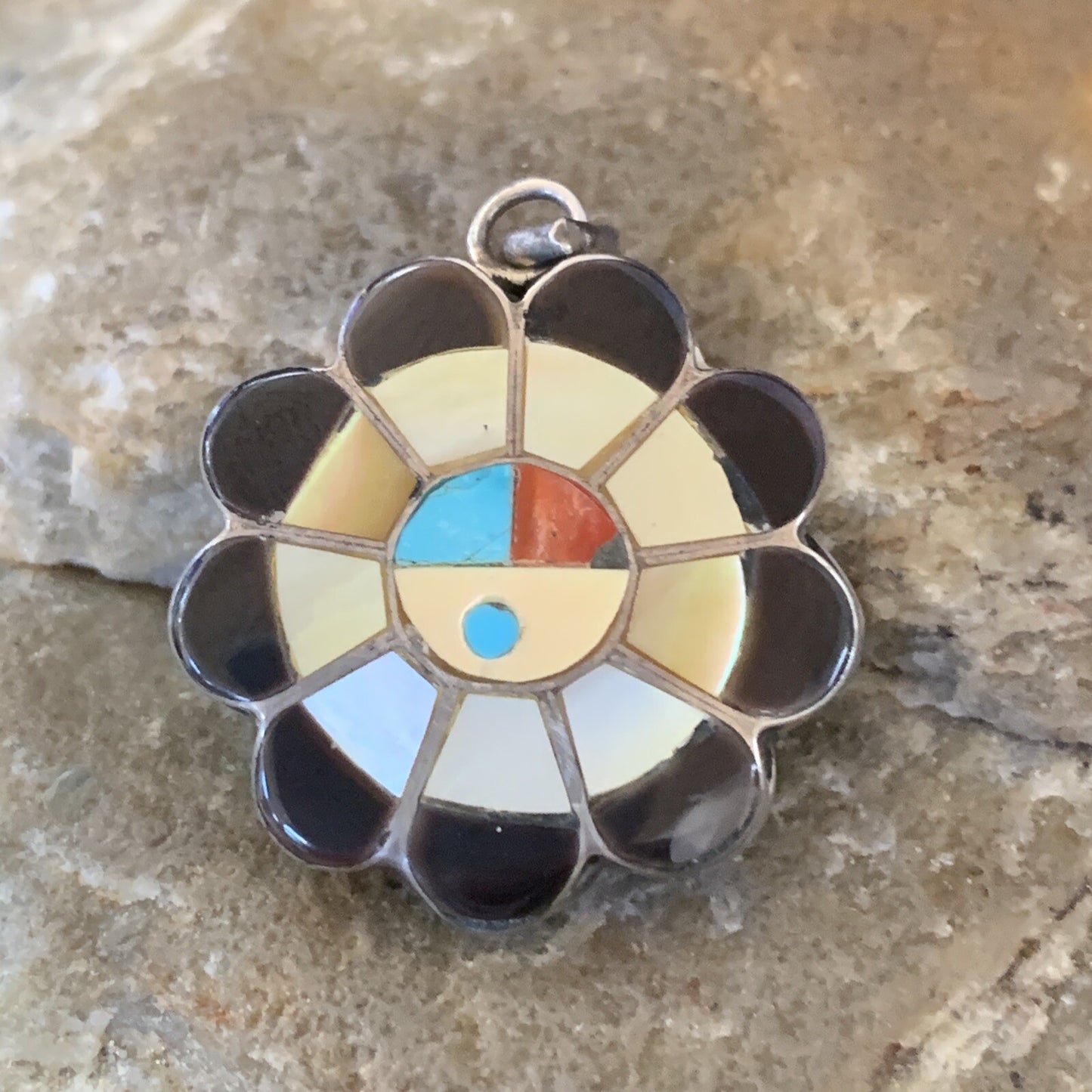 Mother Of Pearl Turquoise Spiny Inlay Zuni Sterling Silver 2 Sided Pendant 1682