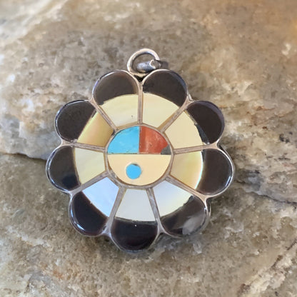 Mother Of Pearl Turquoise Spiny Inlay Zuni Sterling Silver 2 Sided Pendant 1682