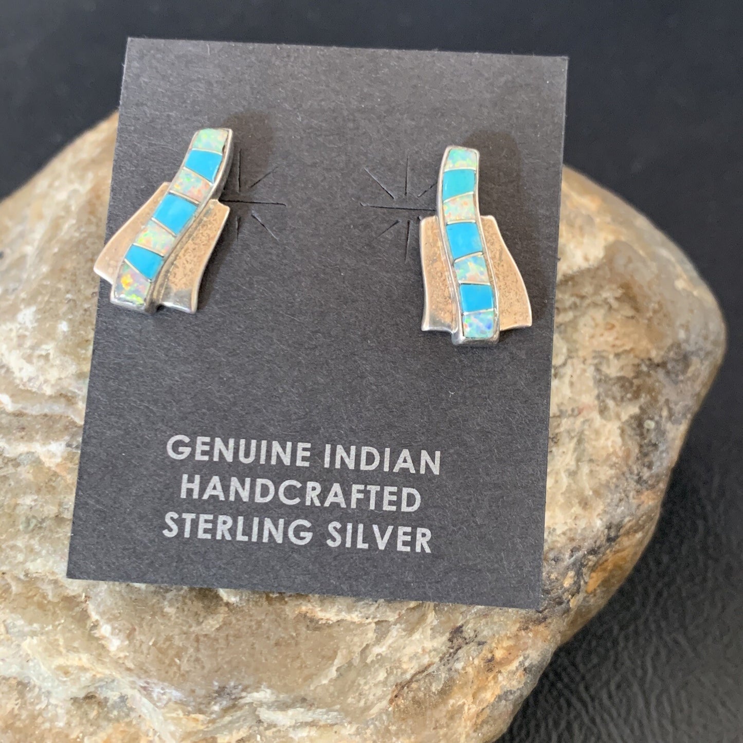 Womens Blue Turquoise & White Opal Navajo Sterling Silver Inlay Earrings 12898