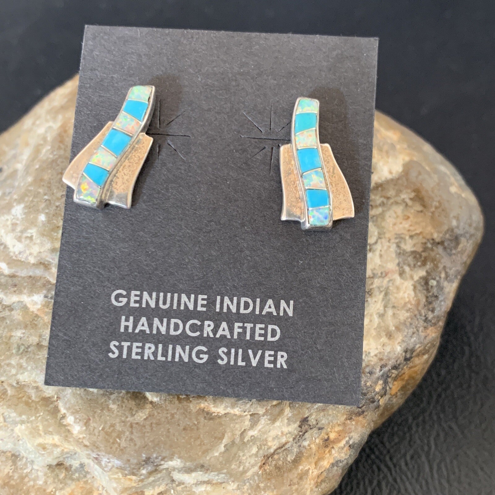 Womens Blue Turquoise & White Opal Navajo Sterling Silver Inlay Earrings 12898
