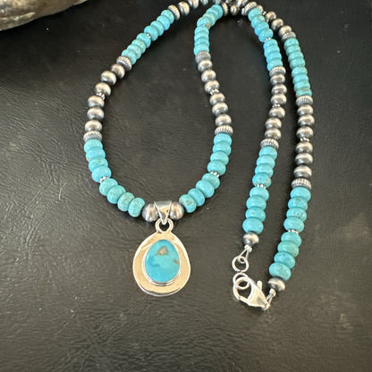 Mens Blue Kingman Turquoise Pendant Navajo Sterling Silver Necklace 21" 17903