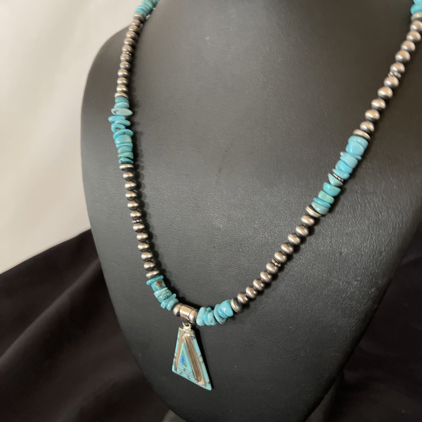 Turquoise & Opal Inlay Pendant Navajo Pearls Sterling Silver Necklace 11330