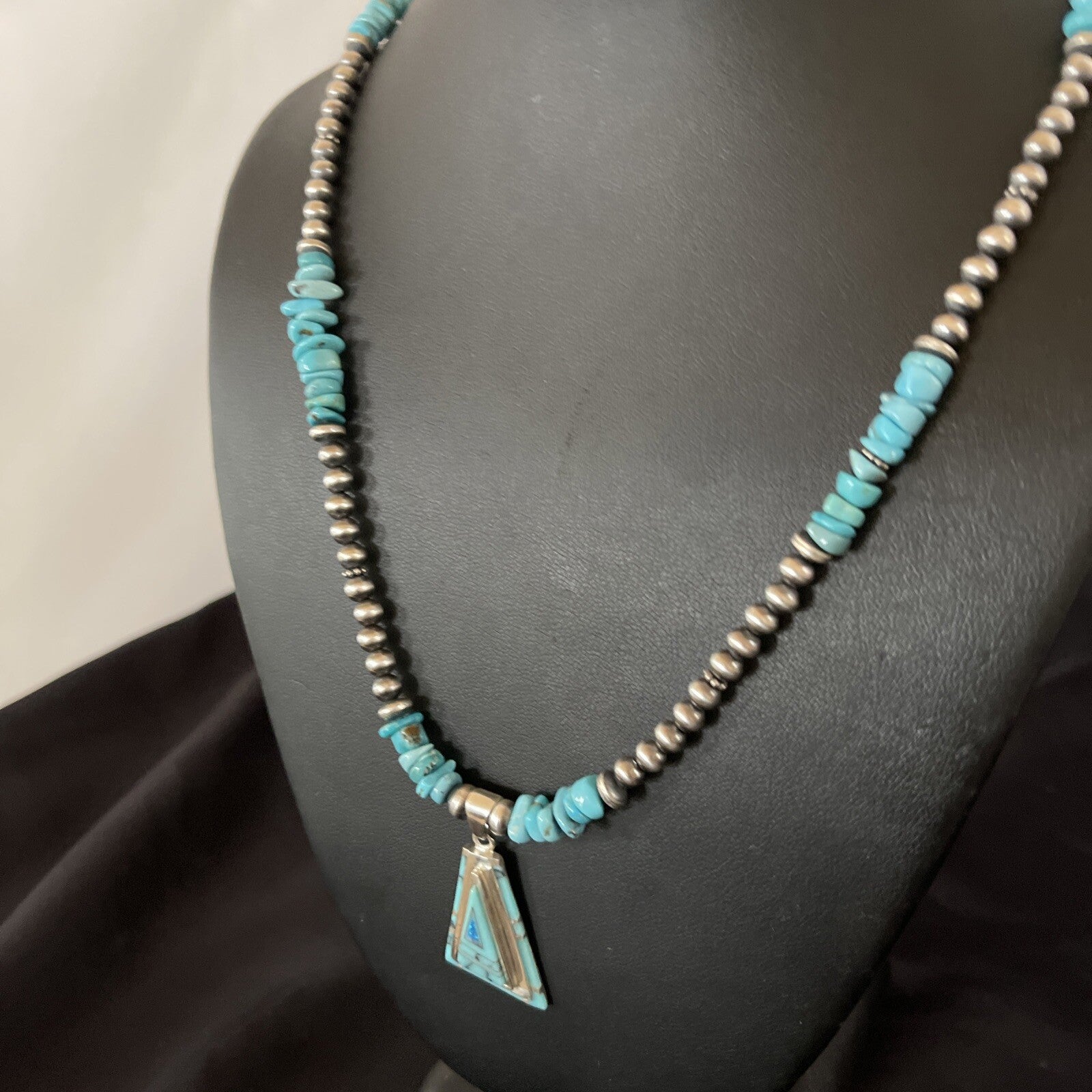 Turquoise & Opal Inlay Pendant Navajo Pearls Sterling Silver Necklace 11330