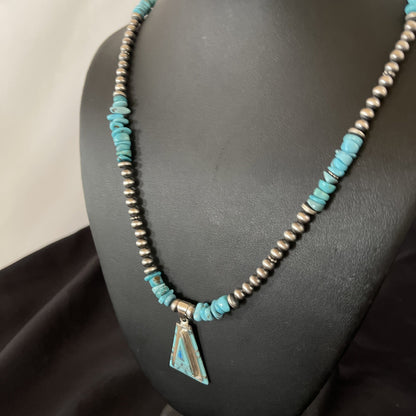 Turquoise & Opal Inlay Pendant Navajo Pearls Sterling Silver Necklace 11330
