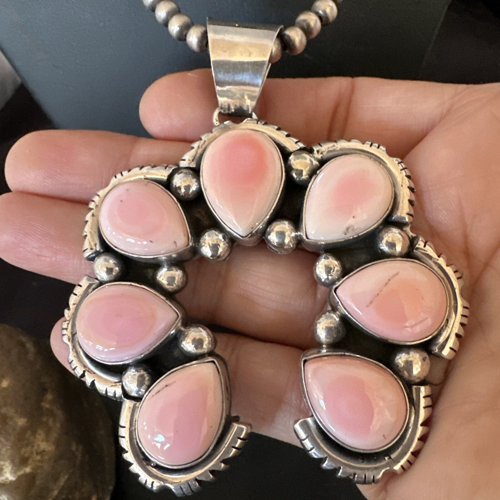 Pink Conch Native American Navajo Sterling Silver Naja Pendant 18928