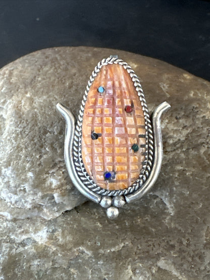 CORN INLAY Orange Spiny Turquoise Coral Zuni Sterling Silver Pin Pendant 17851