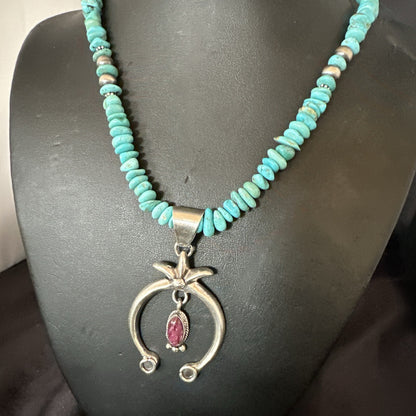 Mens Blue Turquoise Spiny Naja Pendant Navajo Sterling Silver Necklace 21” 17719