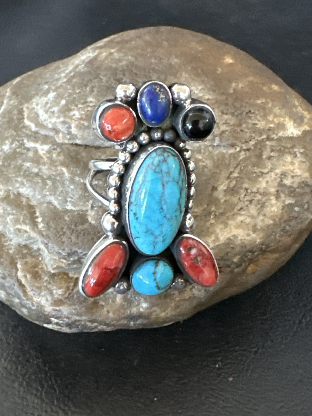 Cluster Blue Turquoise Spiny Oyster Onyx Sterling Silver Ring Size 8 18562