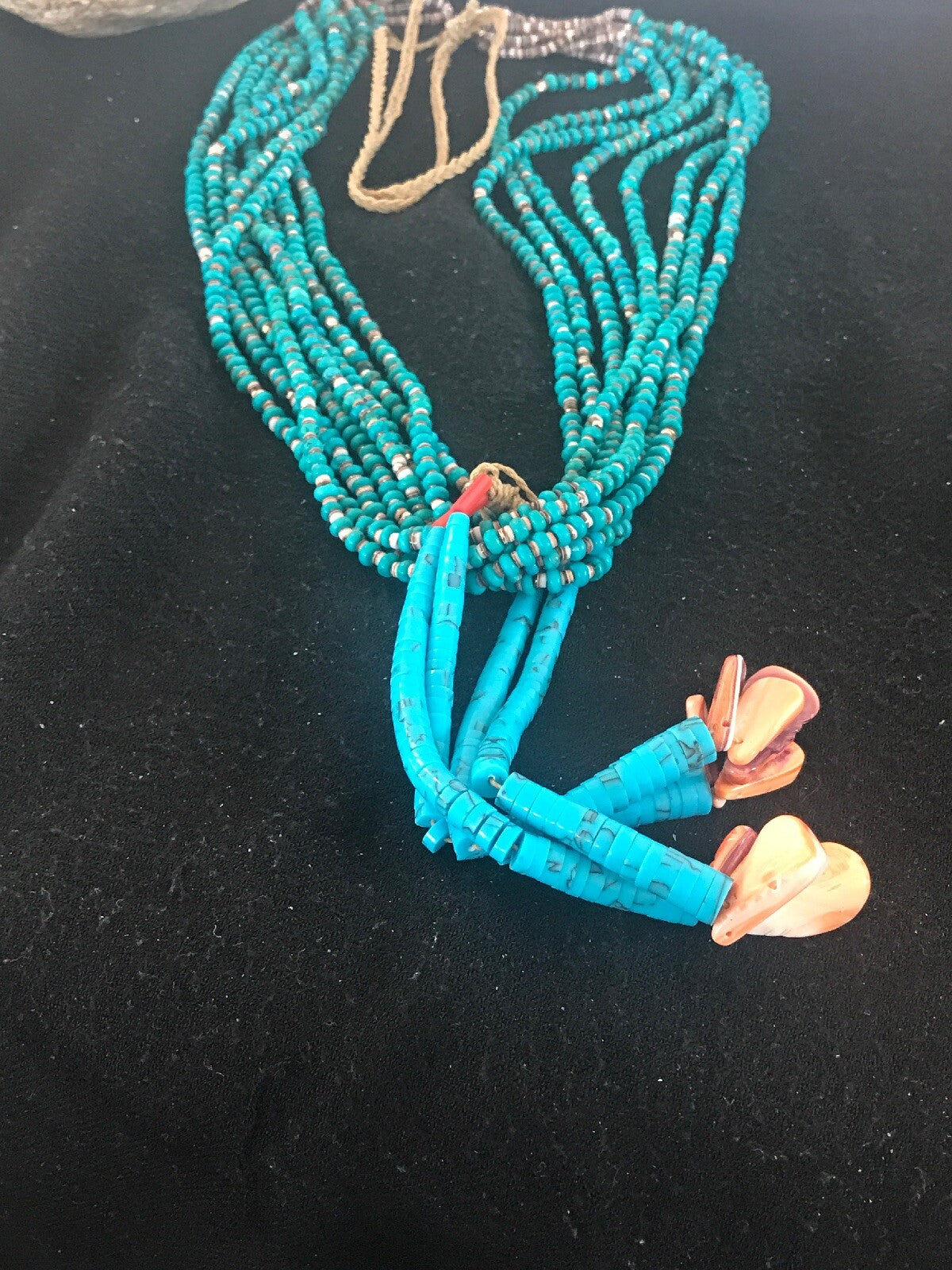 Mens Turquoise Bead 9 Strands Navajo Pearls Sterling Silver Necklace 08451