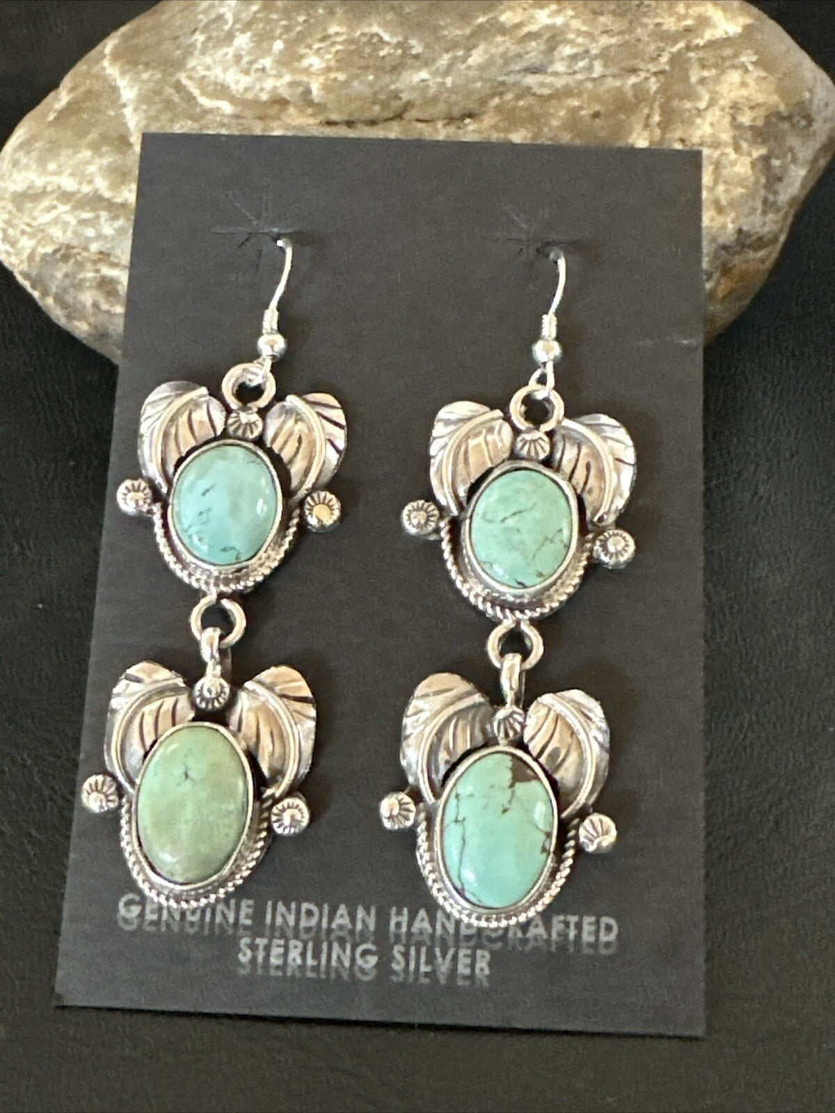Native Navajo Blue Creek Turquoise Sterling Silver Dangle Earrings 2” 17918