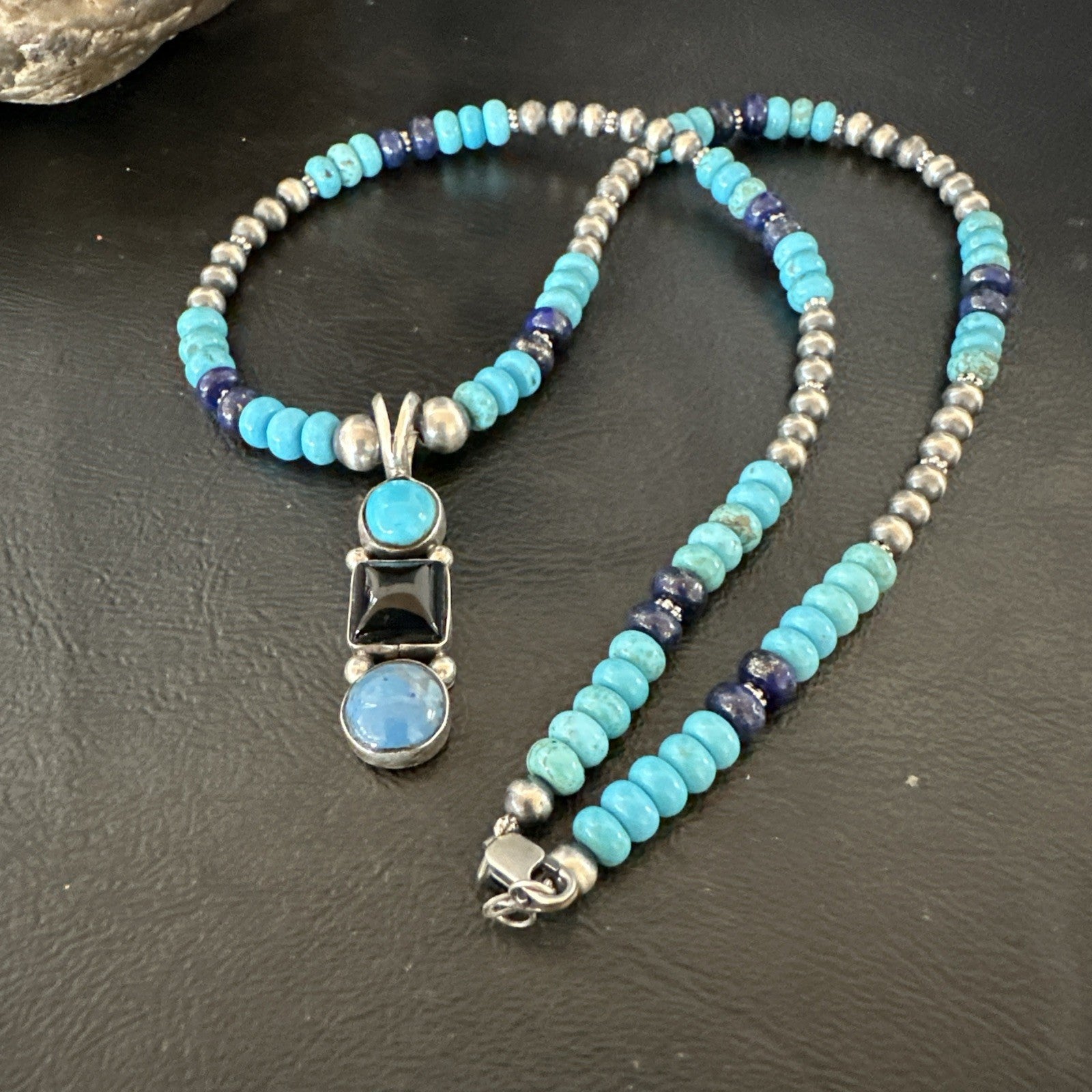 Blue Turquoise Lapis Onyx Pendant Navajo Sterling Silver Necklace 19550