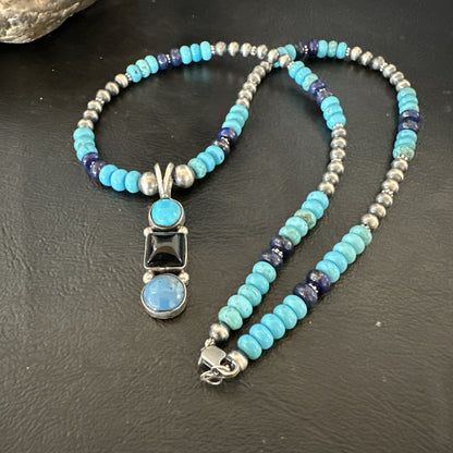 Blue Turquoise Lapis Onyx Pendant Navajo Sterling Silver Necklace 19550