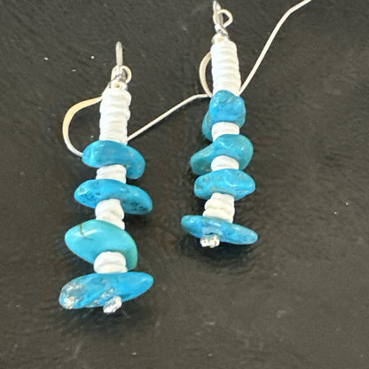 Navajo Blue Kingman Turquoise Nugget Bead Sterling Silver Earrings 17845
