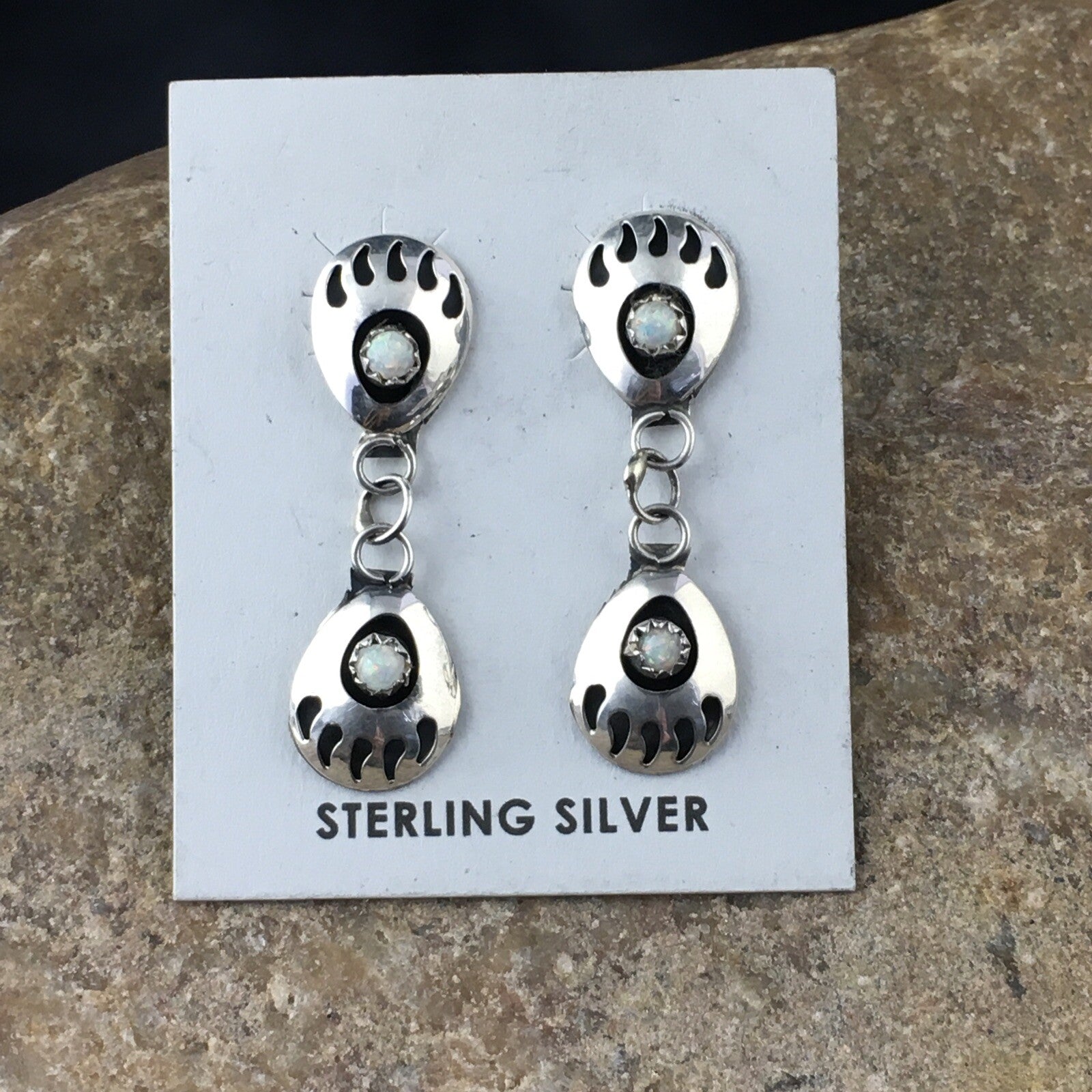 White Opal Navajo Sterling Silver Post Dangle Bear Paw Earrings 1.30" 08694