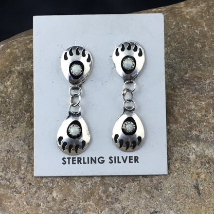 White Opal Navajo Sterling Silver Post Dangle Bear Paw Earrings 1.30" 08694