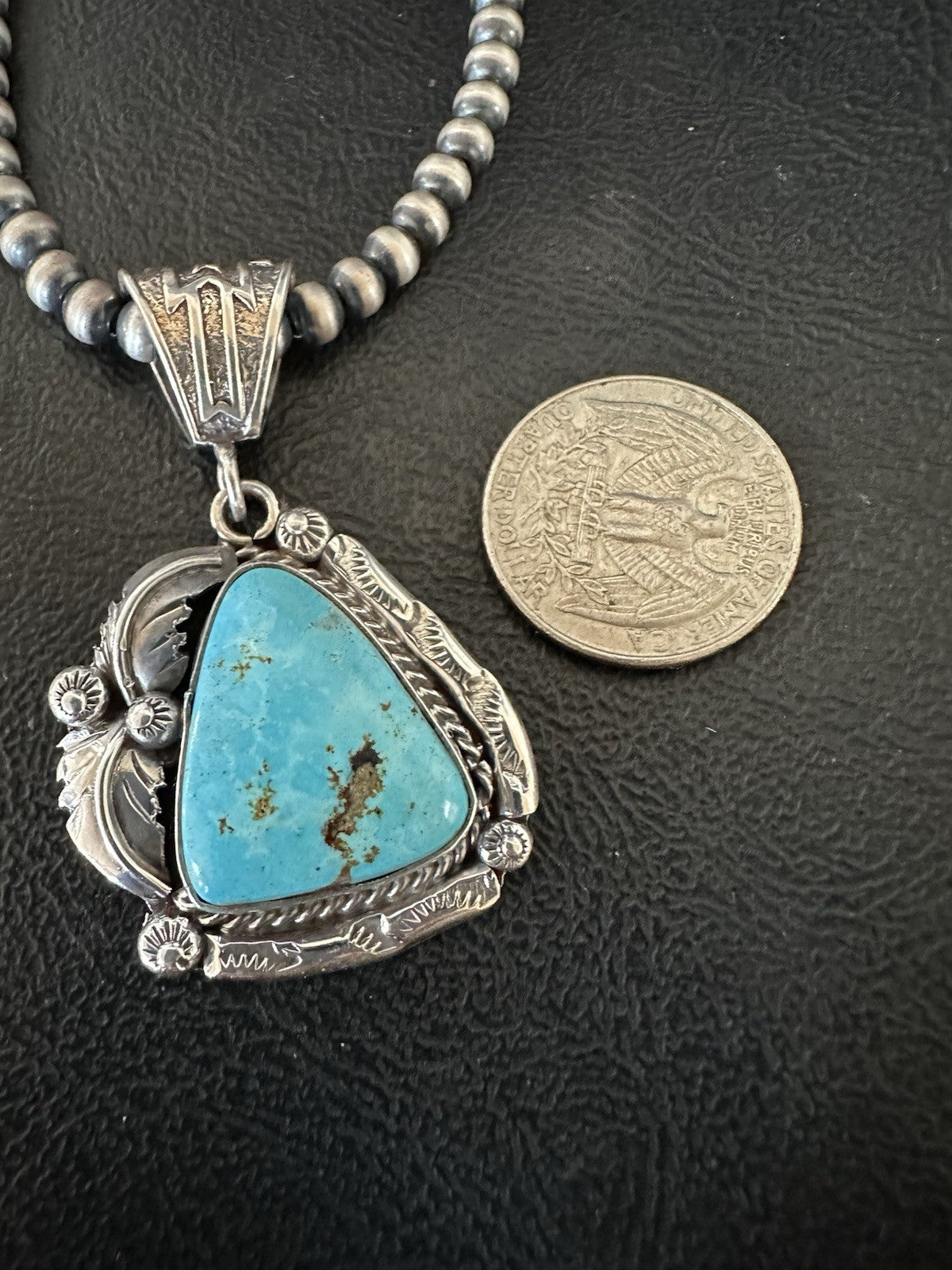Blue Kingman Turquoise Pendant Navajo Pearls Sterling Silver Necklace 19389