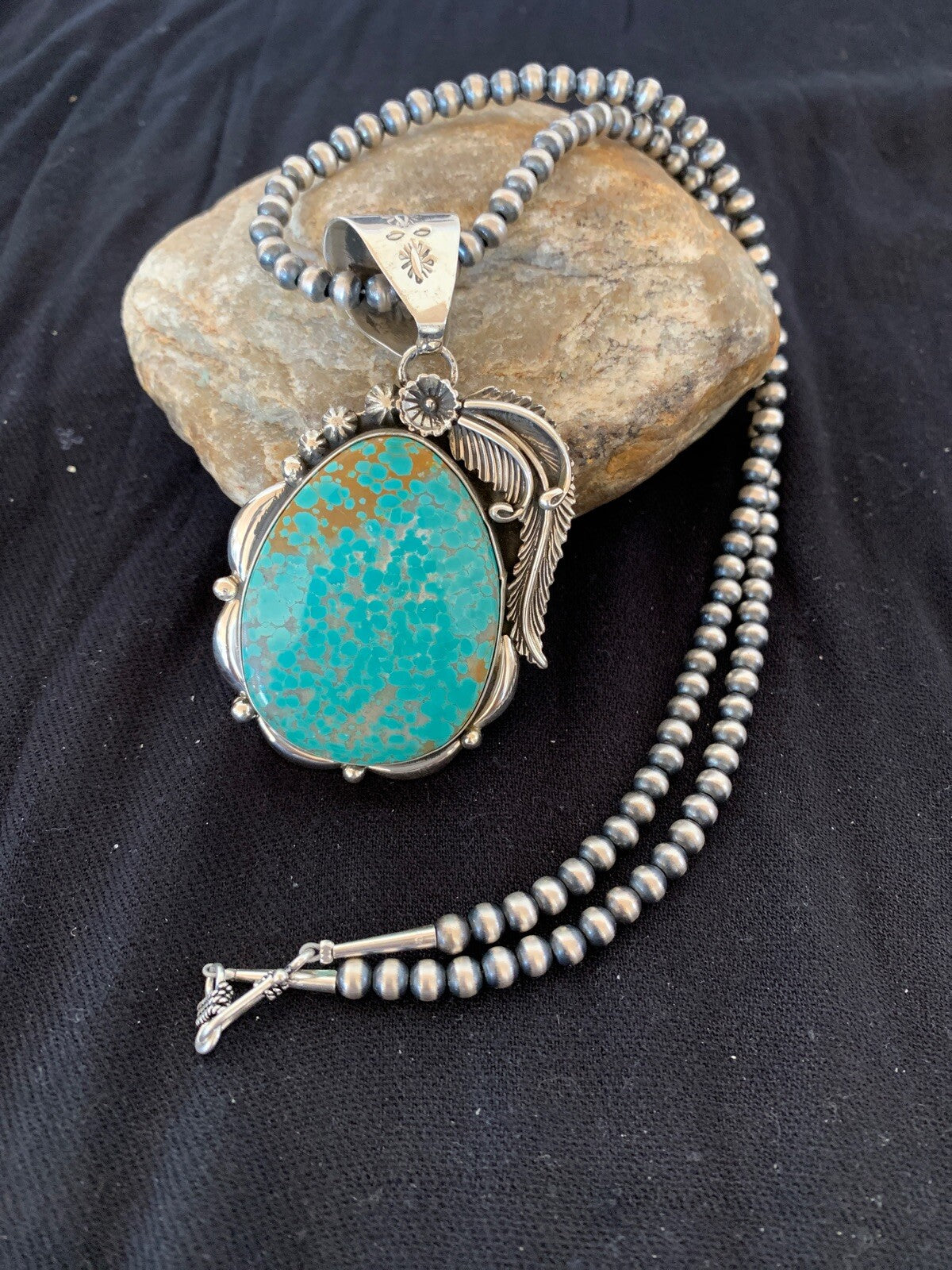 Mens Turquoise #8 Pendant Navajo Sterling Silver Beads Necklace 04619