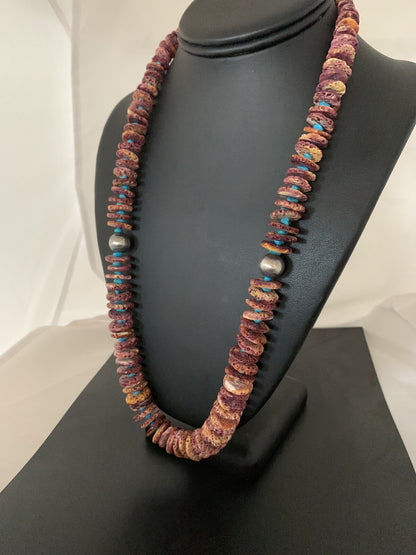 Purple Spiny Oyster & Turquoise Navajo Sterling Silver Necklace 00119