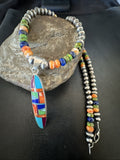 Turquoise Spiny Oyster Inlay Pendant Navajo Necklace 21" | Sterling Silver | Authentic Native American Handmade | 18822