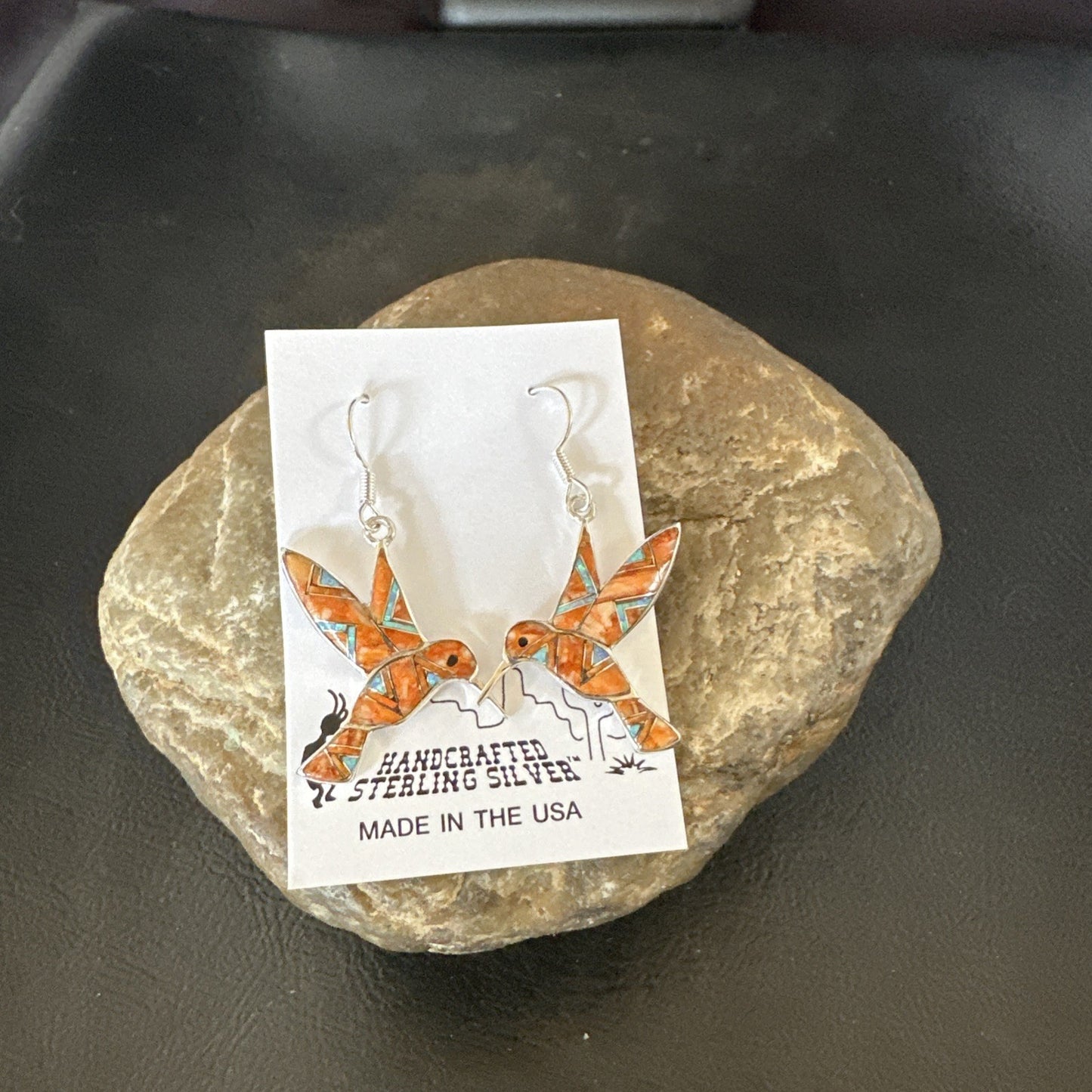 Orange Spiny Oyster Opal Sterling Silver Hummingbird Dangle Earrings 19133